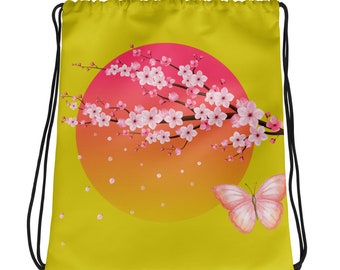 Sunset Cherry Blossoms Drawstring Bag, Cinch Bag, Beach/Pool Bag, Gym Bag, Gift Ideas, Vacation Bag, Quick Trip Away