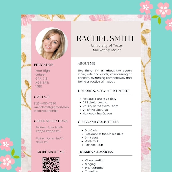 Sorority Rush Resume with photo and overflow pages and Cover letter- pink flowers, floral