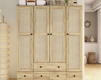 Armoire 6 portes en rotin et bois massif