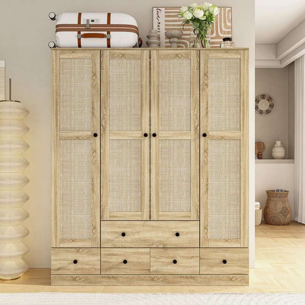 Armoire 6 portes en rotin et bois massif