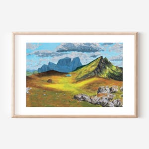 Mountain Meadow Painting Printable Wall Art – Alpine Meadow and Cloudy Sky Landscape Art Print – Scenic Nature Gouache Digital Download