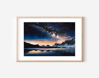 Cosmic Night Sky Gouache Painting – Mountain Lake Art Print (Digital Download)