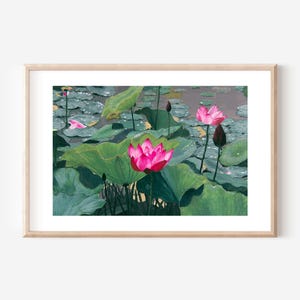 Pink Lotus Flower Painting Printable Wall Art – Water Lily Pond Landscape Art Print– Botanical Nature Floral Gouache Digital Download