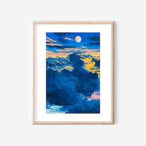 Moonrise Painting Printable Wall Art – Sunset Moon and Dreamy Clouds Landscape Art Print – Colorful Sky Gouache Poster Digital Download