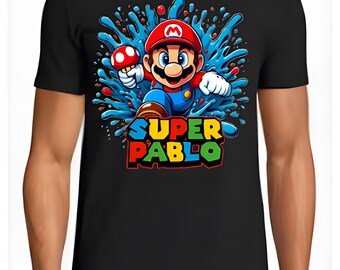 Personalized birthday t-shirt for boy or girl, Mario Bros and Luigi, colorful celebration t-shirt, Mushroom World, gamers and video games
