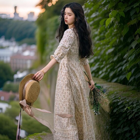 Spring Summer Maxi Dresses for Women Vintage Elegant Slim Floral Dress Country Style Mori Girls O neck Half Sleeve Dress Etsy