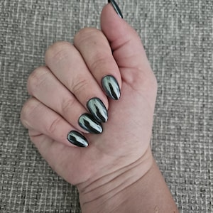 Black Chrome Almond Press On Nails: Reusable, Handpainted