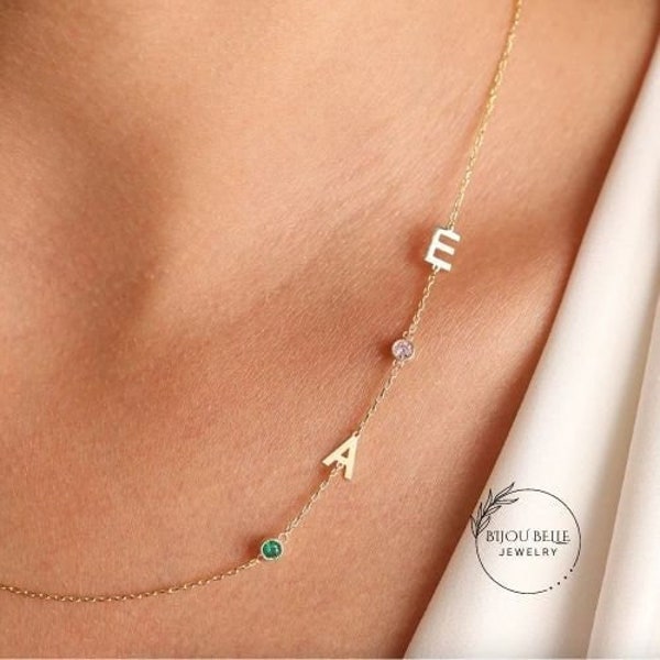 Personalised Birthstone & Horizontal Initial Letter Necklace - Unique Custom Gift for New Mom to Be - Timeless Elegant Minimalist Jewelry