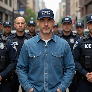 May include: A man wearing a navy blue baseball cap with the text "I STAND WITH ICE" in white, standing in front of a group of police officers. The man is wearing a denim shirt. The officers are wearing black uniforms with "ICE" printed on them.