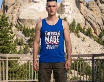 Ropa patriótica hecha en Estados Unidos, camiseta sin mangas de algodón con la bandera estadounidense y las barras y estrellas.