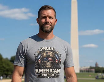 Proud American Patriot Helmet Patriotic Apparel | USA Flag, Military Emblem Cotton Shirt