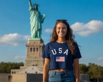 USA Stars and Stripes Womens Crop Tee | Patriotic Apparel American Flag Cotton Top