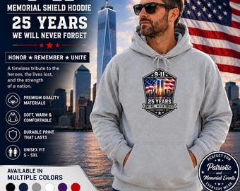 9-11 Memorial Shield Hoodie | 25 Years Tribute, American Flag, Twin Towers