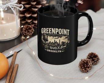 Greenpoint Brooklyn skyline mug | Black ceramic coffee mug