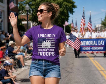 Unterstützen Sie unsere Troops-Damen-Baumwollhemd, Vaterländisches Bekleidungs-Militäranhänger-amerikanische Flaggen-T-Shirt