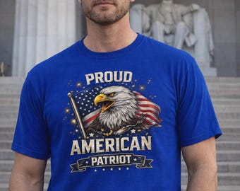 Proud American Patriot T-Shirt with Bald Eagle, Patriotic Apparel, USA Flag Cotton Tee