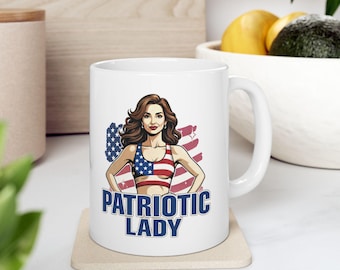 Patriotic Lady Ceramic Mug | American Pride Stars and Stripes Coffee Cup