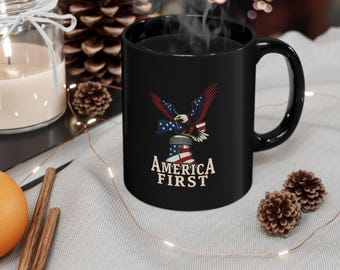 America First Coffee Mug American Eagle Patriotic Ceramic Cup, MAGA  Supporter Drinkware