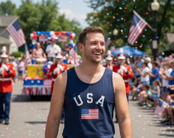 USA with American Flag Cotton Tank Top | Patriotic Apparel Stars and Stripes