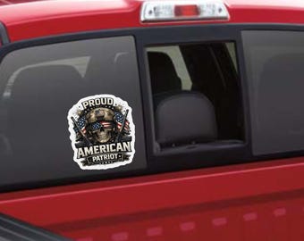 Proud American Patriot Truck Sticker Auto Decals | USA Flag Skull, Military Helmet Matte Decor