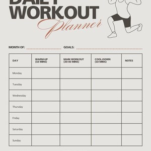 May include: A beige Daily Workout Planner featuring a woman exercising with dumbbells. The planner includes sections for the month, goals, and a weekly schedule with warm-up, main workout, cool-down, and notes. It also has water intake and mood trackers.