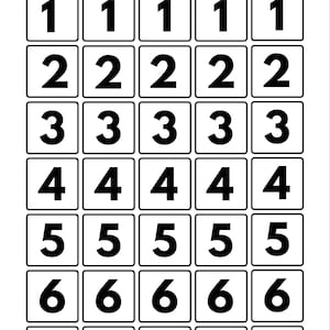 May include: Printable number tiles with numbers 1 through 7, each repeated five times. The black text on white squares is designed for learning numbers and mathematical operations. The title bar reads "Printable Number Tiles".