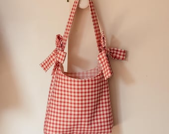Handmade Bow Tote Bag: Red Gingham Quilted Shoulder Bag
