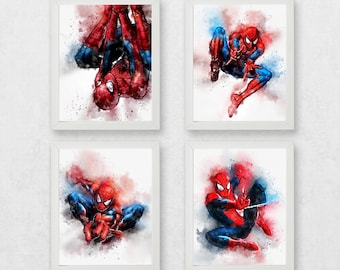 Handgeschilderde Spider-Man aquarelprints: set van 4 wanddecoraties, Spider-Man posterset, Spider-Man aquarelprint, Spider-Man kunstposterset