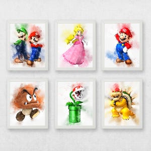 Super Mario Watercolour Prints - Set of 6 Fan Art Posters, super mario art, watercolour super mario prints , luigi watercolour