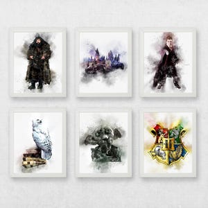Puede incluir: Seis impresiones en acuarela enmarcadas que representan personajes y símbolos de una serie de fantasía. Las impresiones incluyen un personaje con un abrigo largo, un castillo, un personaje con traje, un búho sobre libros, una criatura y un escudo.
