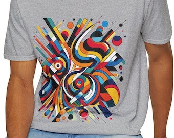 May include: A grey t-shirt with a colorful abstract design featuring geometric shapes, lines, and circles.
