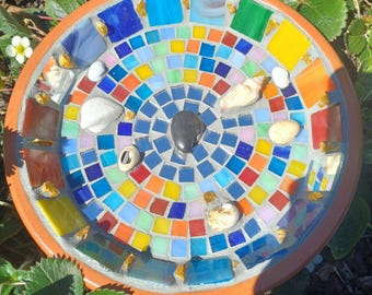 Handmade Mosaic Bird and Bee Bath: Unique Rainbow Watering Station