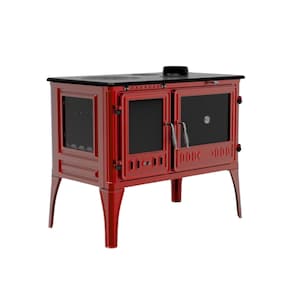 Dorello Red Enamel Cast Iron Wood Burning Stove with Oven – Vintage Cooktop Heater