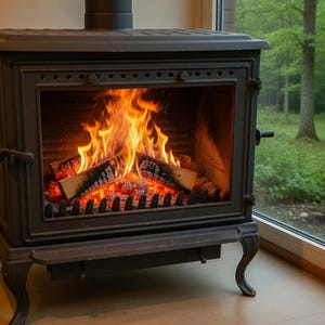 Può includere: Un camino in ghisa nero con un fuoco scoppiettante all'interno. Le fiamme sono di un arancione e giallo brillante, che illuminano i ceppi e le braci. Il camino ha una porta a vetri ed è posto davanti a una finestra con vista sugli alberi.