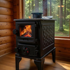 Könnte beinhalten: Ein schwarzer Holzofen aus Gusseisen mit Feuer, das durch die Glastür sichtbar ist. Auf der Oberseite steht ein Topf, aus dem Rauch aufsteigt. Der Ofen hat dekorative Paneele und steht auf vier Beinen. Der Hintergrund zeigt eine Waldszene durch ein Fenster.