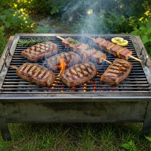 Può includere: Un barbecue in acciaio inossidabile con diverse bistecche e spiedini cotti su carboni ardenti. Le bistecche hanno i segni della griglia e sono circondate dal fumo. Rametti di rosmarino e fette di limone sono anche sulla griglia.