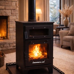 Peut inclure: Un poêle à bois noir avec un feu visible à l'intérieur. Le poêle a une porte vitrée, une cheminée et la marque "DORELLO" est visible. Il repose sur un plateau en métal décoratif, suggérant un cadre intérieur chaleureux.