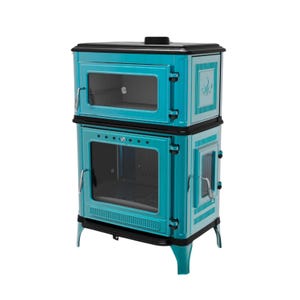Dorello Turquoise Cast Iron Wood Burning Stove with Oven and Glass Door – Enamel Finish