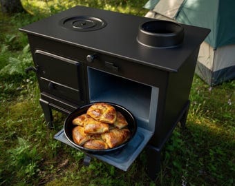 Estufa de camping portátil de leña, horno de cocina exterior resistente, color negro.