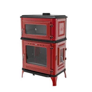 Dorello Red Cast Iron Wood Burning Stove with Oven and Glass Door – Enamel Finish