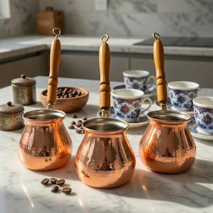 Handmade Hammered Copper Turkish Coffee Pot Set – Traditional Ibrik Cezve for 2, 3, 4 Cups