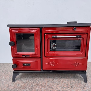Red Enamel Wood Burning Stove with Oven – Cast Iron Heater Cooker – Rustic Presis Stove