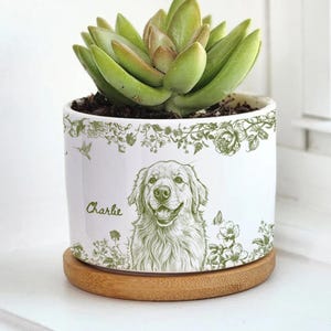 May include: A white ceramic planter with a green line-art illustration of a dog and the name Charlie printed on the side. The planter features a floral border pattern and sits on a circular wooden base, containing a green succulent plant.