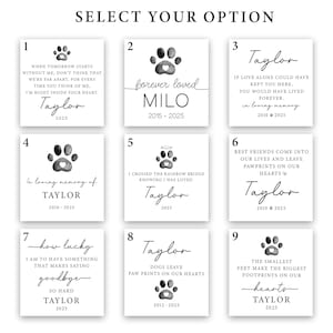 May include: Nine white square memorial plaques with black paw prints and text. Each plaque features a different message, such as "forever loved" or "in loving memory of." The plaques are for pets.