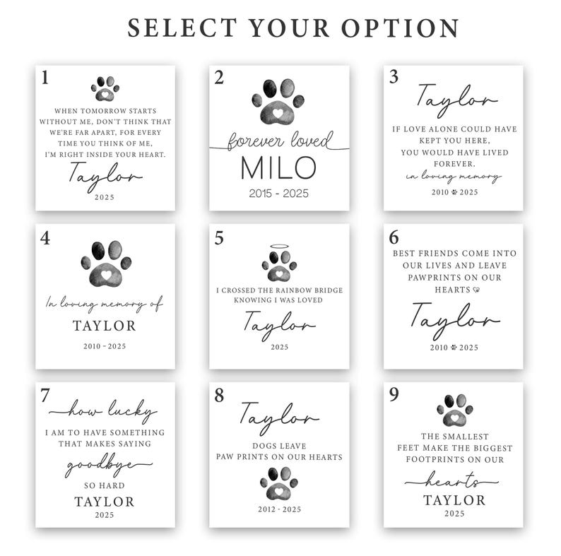 May include: Nine white square memorial plaques with black paw prints and text. Each plaque features a different message, such as "forever loved" or "in loving memory of." The plaques are for pets.