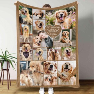 May include: A brown fleece blanket with a collage of golden retriever dog photos. The blanket features a heart-shaped sign with the text "When tomorrow starts without me, we're not so far apart, just remember the paw prints I left within your heart."