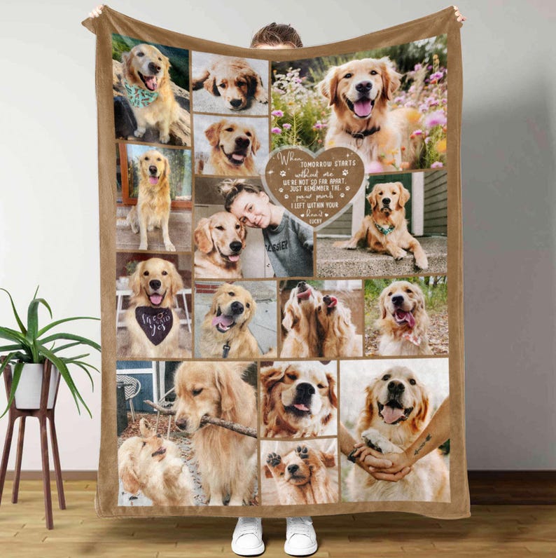 May include: A brown fleece blanket with a collage of golden retriever dog photos. The blanket features a heart-shaped sign with the text "When tomorrow starts without me, we're not so far apart, just remember the paw prints I left within your heart."