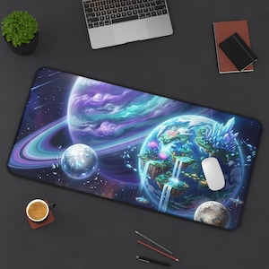 Alfombrilla de escritorio con paisaje planetario fantástico / Arte de cascada cósmica con planetas espaciales