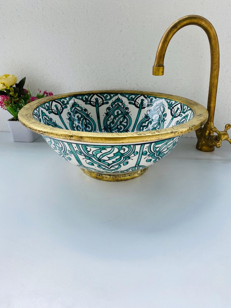 Luxury Green Ceramic Sink With Solid Brass Edge, Rustic Vanity Bathroom