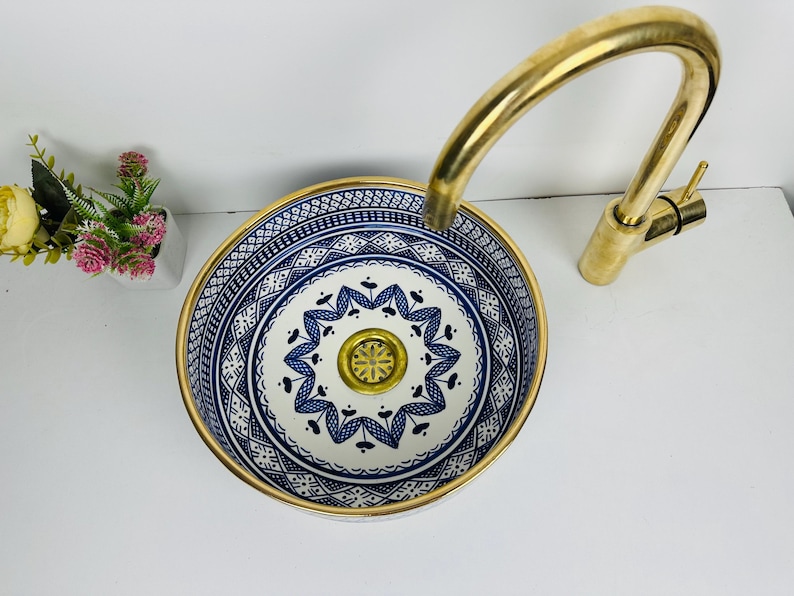 CHBKA Blue Sink, Brass Rim Edge Handmade Washbasin Sink, Vanity Vessel